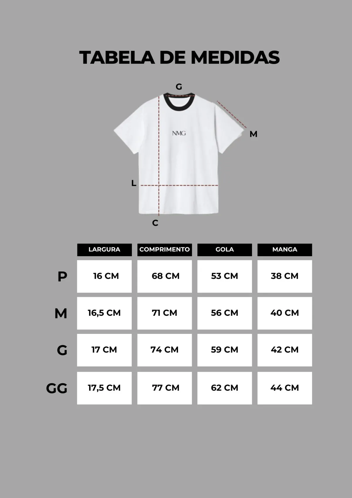 Guia de medidas — T-SHIRT NMG (branca)